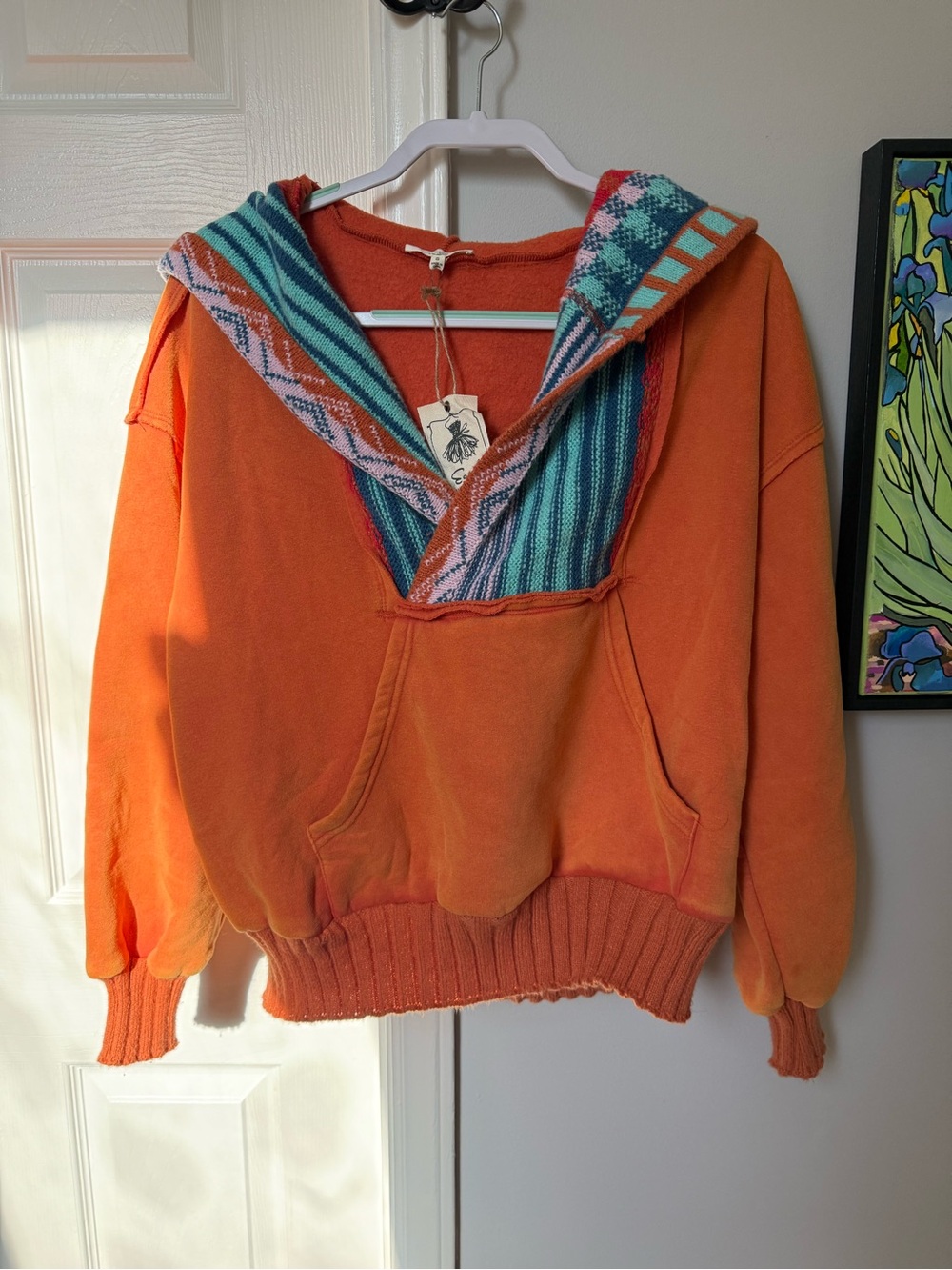easel Orange Hoodie with Teal & Pink Striped Knit Trim - Picture 3 of 8